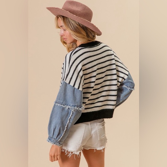 BiBi Black and White Striped Sweater Denim Sleeves Oversized Size M New - Picture 6 of 6